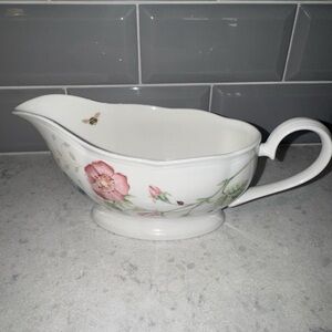 Lenox Meadow Butterfly Floral Porcelain Gravy Boat with Bee Accent